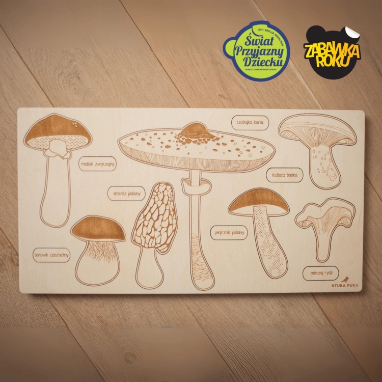 Drewniane puzzle z grzybami do nauki gatunków jadalnych Sounds Wood