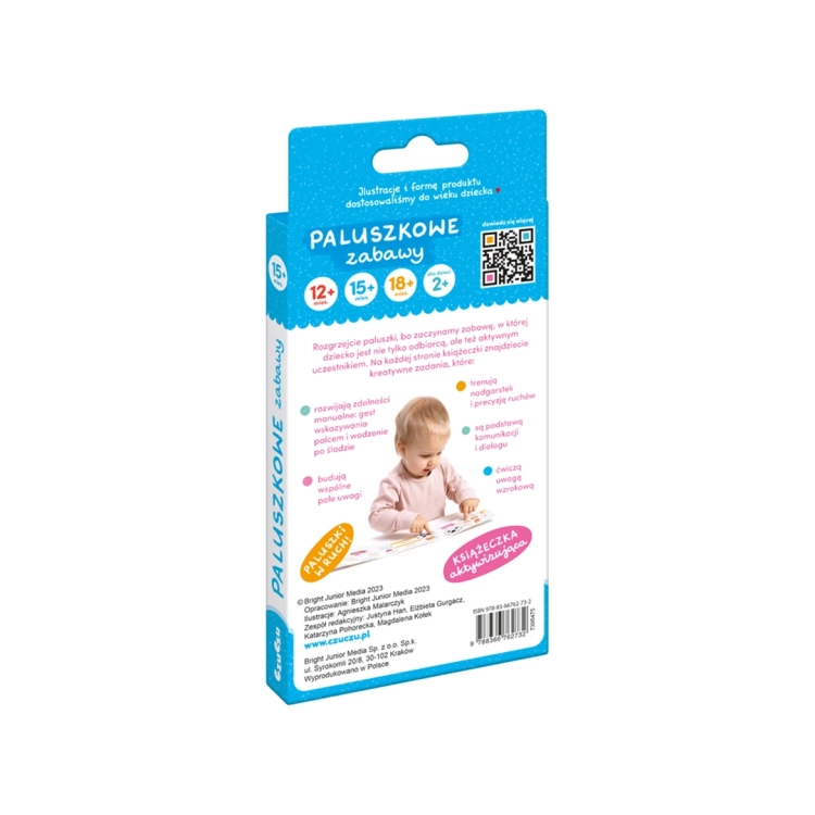 Tył opakowania książeczki „Paluszkowe zabawy” CzuCzu z opisem zalet edukacyjnych