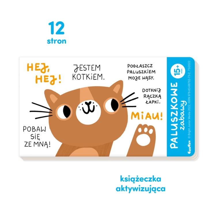 Strona książeczki „Paluszkowe zabawy” z ilustracją kotka i poleceniami dla dziecka