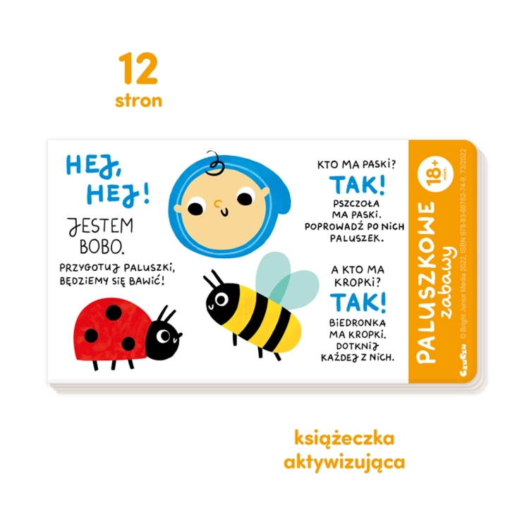 Strona z książeczki Paluszkowe zabawy 18msc+ CzuCzu z ilustracją Bobo, pszczoły i biedronki
