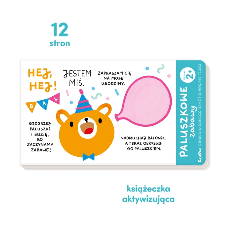 Strona książeczki Paluszkowe zabawy CzuCzu z misiem i balonem