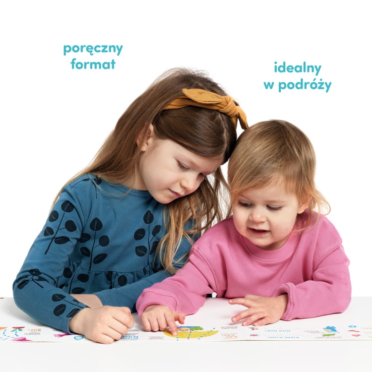 Dwie dziewczynki bawią się książeczką CzuCzu 2+ w podróży