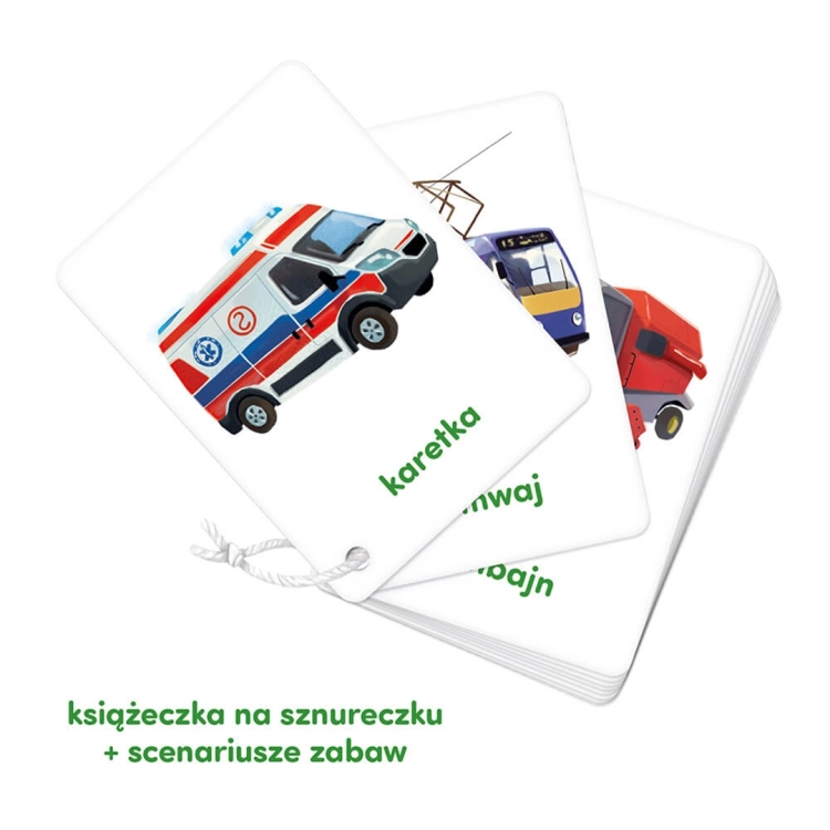 Karty CzuCzu Pojazdy 1+ – karetka, tramwaj i inne ilustracje