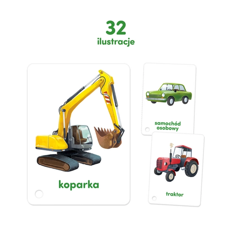 Edukacyjne karty Pojazdy CzuCzu – koparka, traktor, samochód osobowy