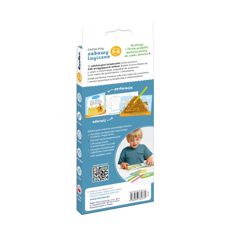 tył opakowania książeczki edukacyjnej CzuCzu zabawy logiczne 5–6