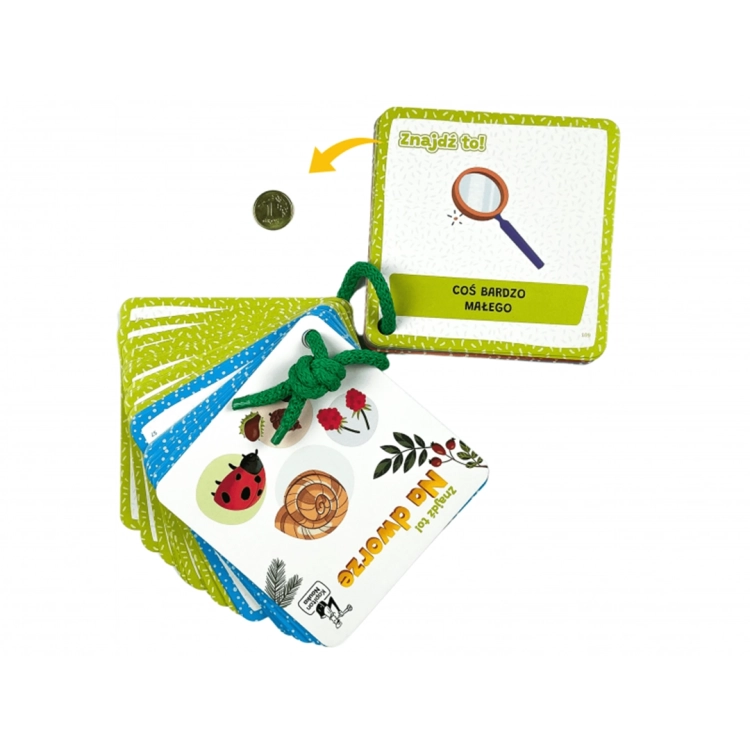 Karta z zadaniem Znajdź to! Coś bardzo małego i ilustracja monety