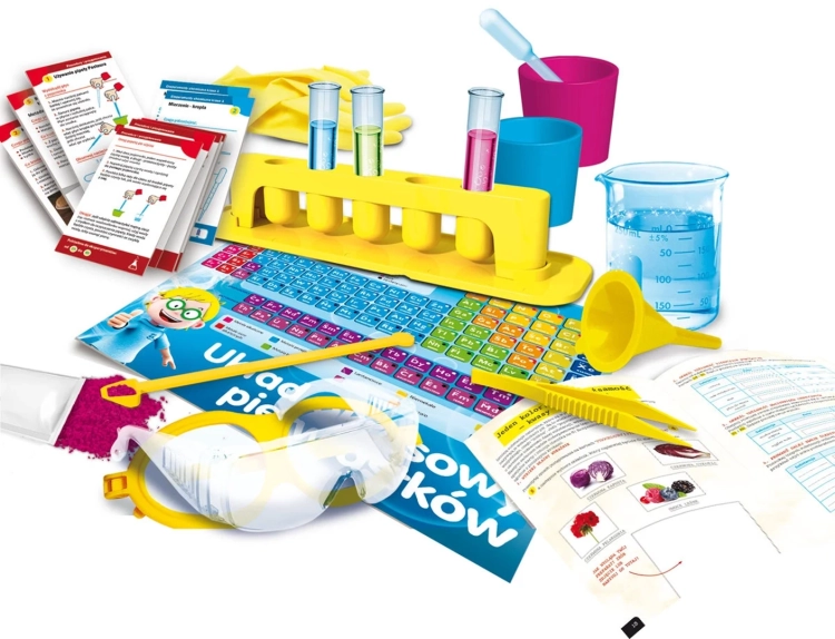 Zawartość zestawu Chemia na 6 Lisciani – probówki, miarki, okulary i karty eksperymentów