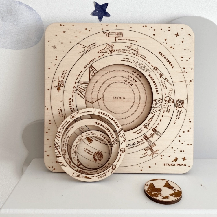 Drewniane puzzle atmosferyczne Sounds Wood – widok z rozłożonymi elementami warstwowymi