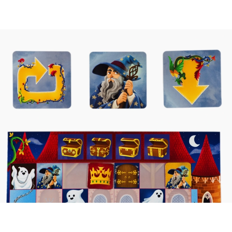 Żetony z gry Zakodowany zamek przedstawiające czarodzieja i symbole kierunków