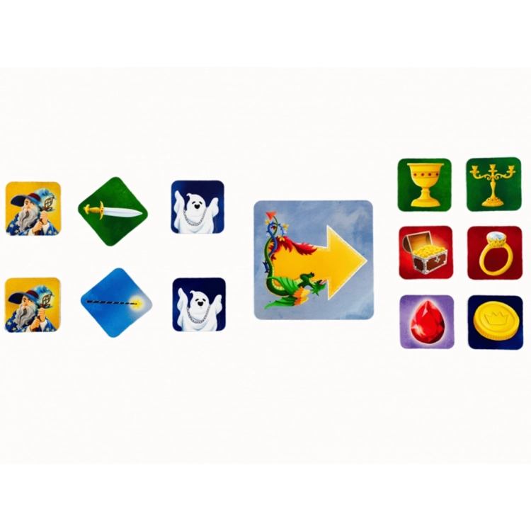 Kolorowe żetony i ilustracje z gry Zakodowany zamek – symbole i skarby