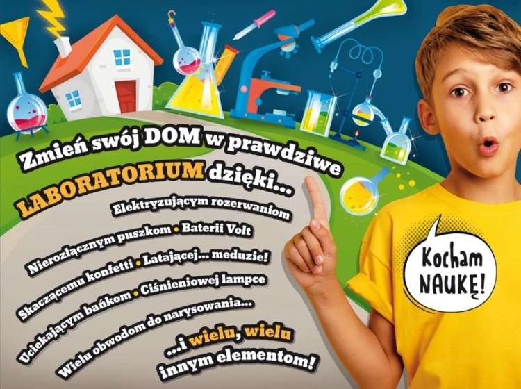 Chłopiec pokazujący grafikę promującą laboratorium w domu z zestawem Lisciani