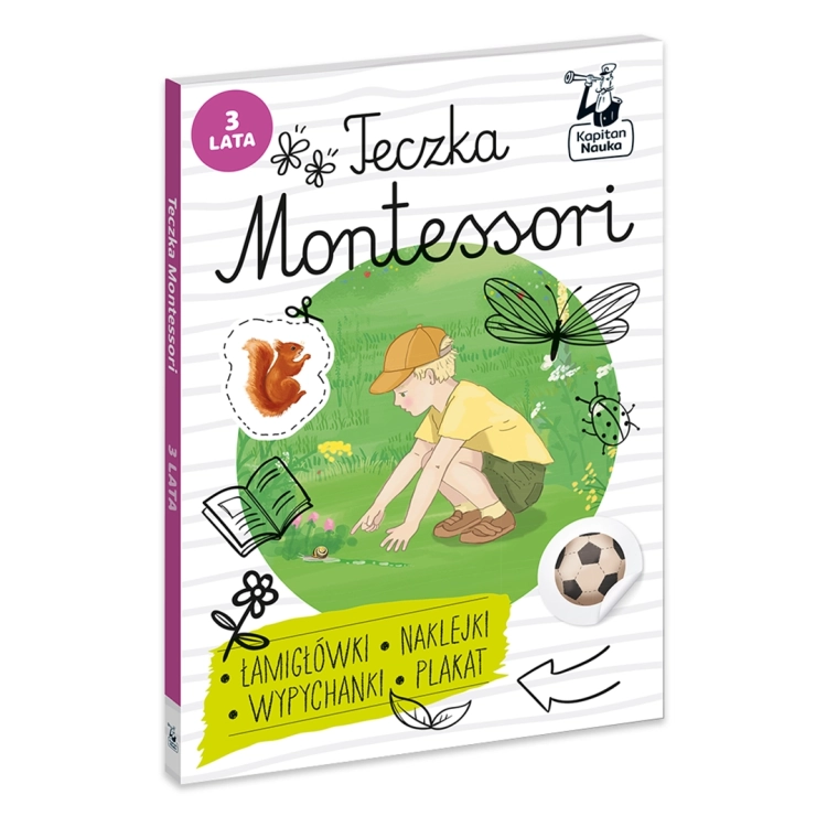 Teczka Montessori 3 lata od Kapitan Nauka – okładka z ilustracją dziecka w ogrodzie