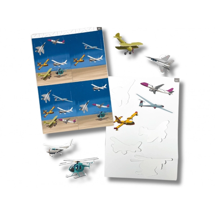 Karty z samolotami do wycinania i układania z zestawu Teczka Montessori 4 lata.