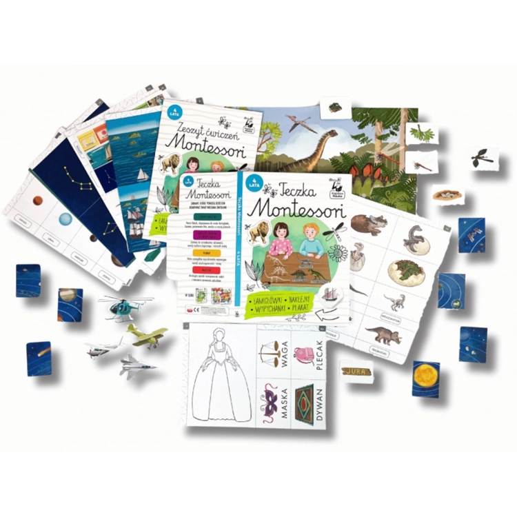 Zawartość zestawu Teczka Montessori 4 lata – plansze, naklejki, karty i elementy do nauki.