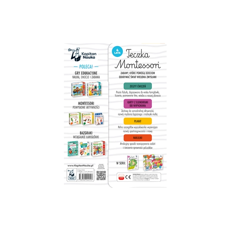 Tylna strona opakowania Teczka Montessori 4 lata – opis zawartości i zalet zestawu.