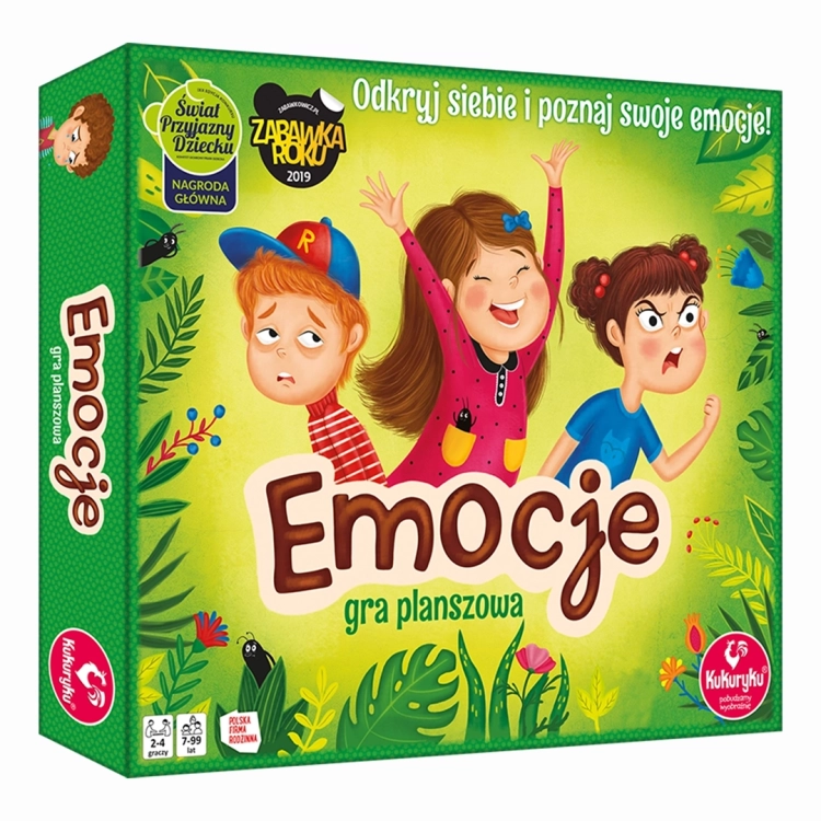 Opakowanie gry planszowej Emocje Kukuryku – ilustracja dzieci wyrażających różne emocje