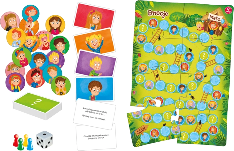 Zestaw elementów gry planszowej Emocje Kukuryku – plansza, pionki, karty i żetony emocji