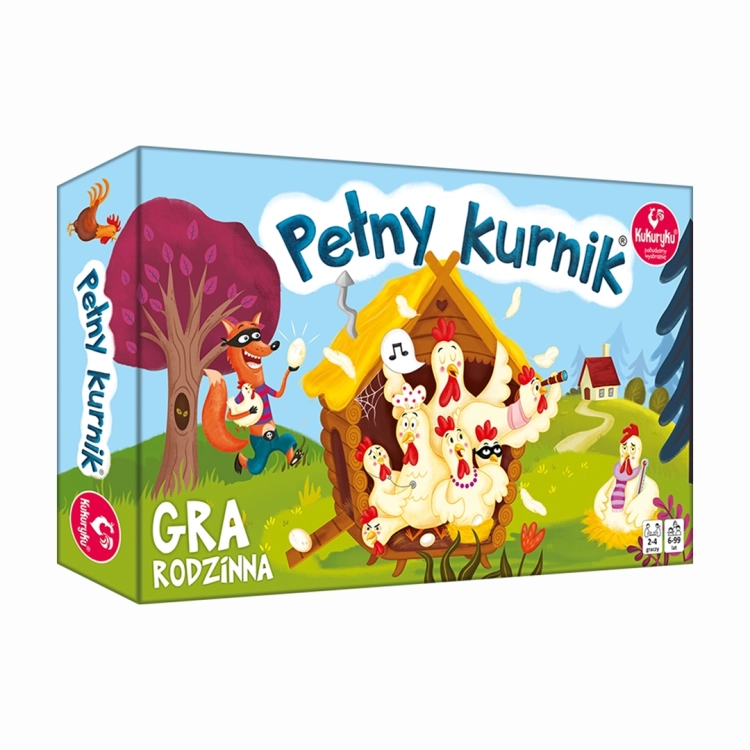 pudełko gry Pełny kurnik Kukuryku z ilustracją kur i lisa