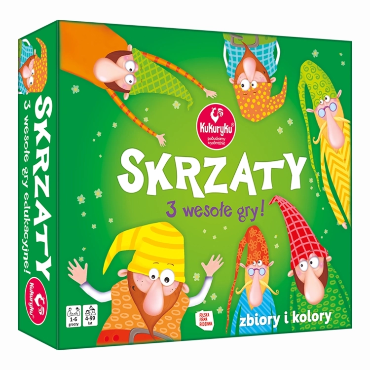 Pudełko gry edukacyjnej Skrzaty 3 wesołe gry Kukuryku z kolorową grafiką