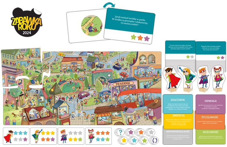 plansza i elementy gry edukacyjnej Wartości mają moc Kukuryku 7+