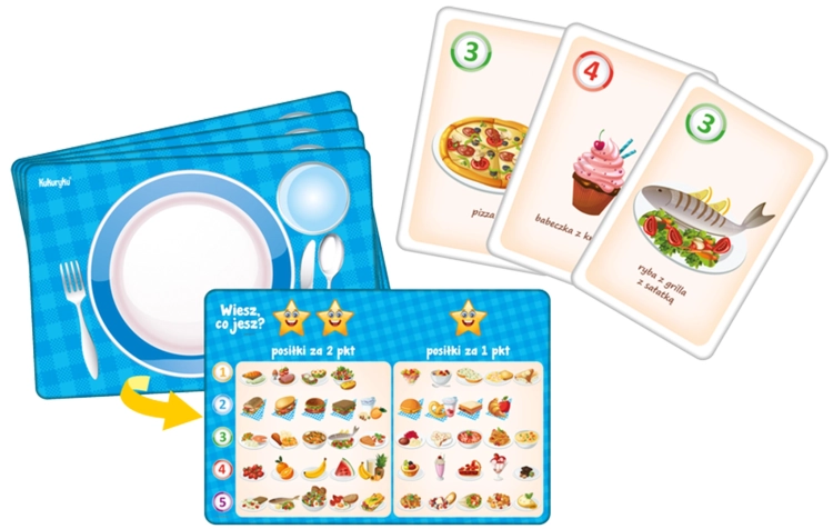 Karty i plansze do gry edukacyjnej Wiesz, co jesz? od Kukuryku – układanie zdrowych posiłków