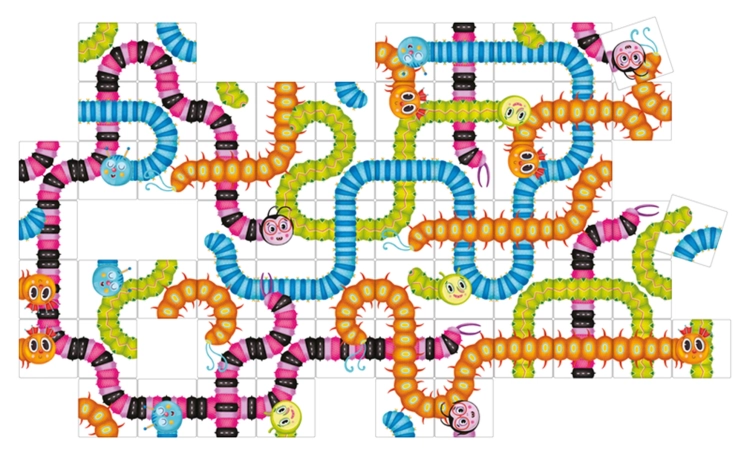 Kolorowe robaki z gry Zakręcone robale Kukuryku ułożone w zakręconą planszę
