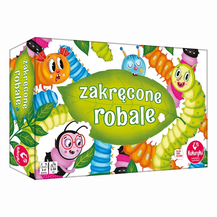 Pudełko gry Zakręcone robale Kukuryku z kolorowymi robalami na białym tle