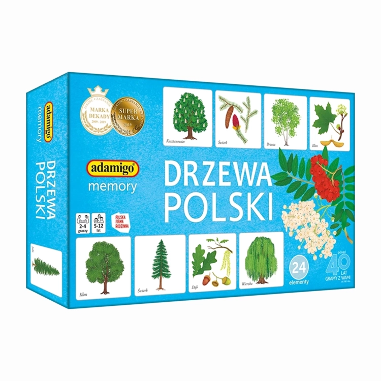 pudełko gry edukacyjnej Drzewa Polski Adamigo 5+ z ilustracjami liści i drzew