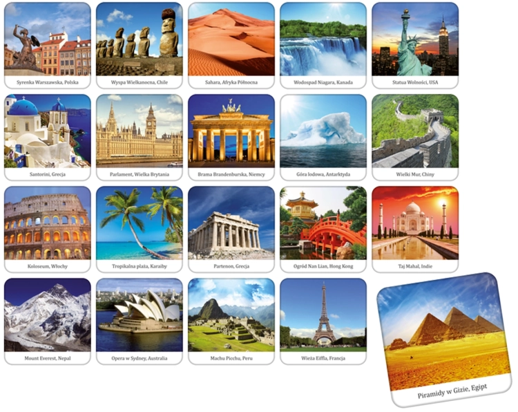 Karty edukacyjne z zabytkami świata z gry „Poznaję świat” Adamigo