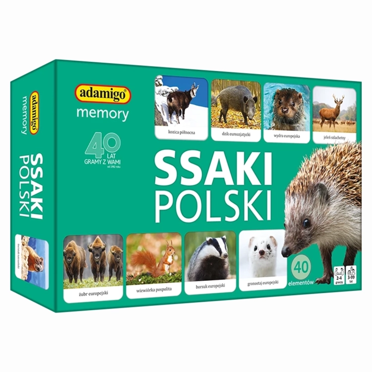 Pudełko gry edukacyjnej Ssaki Polski Adamigo z wizerunkiem jeża i 40 elementami memory