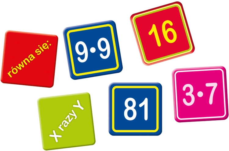 Kolorowe kafelki z działaniami i wynikami z gry Mistrz mnożenia Adamigo