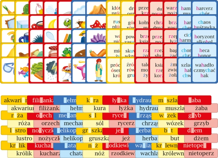 Kolorowe kafelki i ilustracje do nauki ortografii z gry edukacyjnej Mistrz ortografii Adamigo