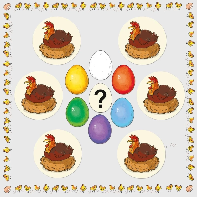 Elementy gry edukacyjnej "Kurnik" wydawnictwa Nasza Księgarnia przedstawiające kury na gniazdach i kolorowe jajka ze znakiem zapytania.