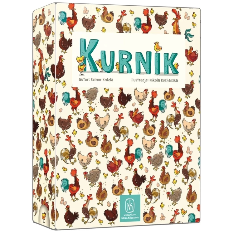 Pudełko gry edukacyjnej dla dzieci "Kurnik" wydawnictwa Nasza Księgarnia z ilustracjami kur, kogutów i piskląt.