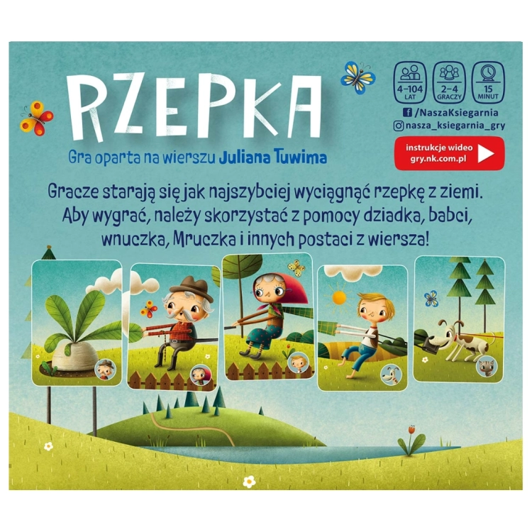 Opis gry edukacyjnej "Rzepka" z serii "Między Wierszami" wydawnictwa Nasza Księgarnia.