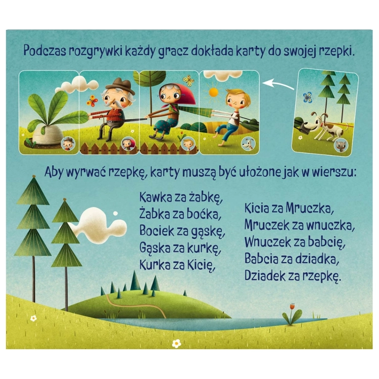Ilustracja z gry "Rzepka" Naszej Księgarni przedstawiająca układanie kart w kolejności wiersza "Rzepka" Juliana Tuwima.