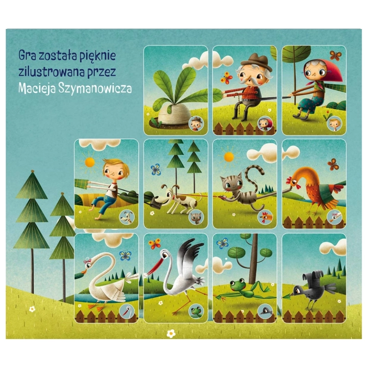 Karty z ilustracjami Macieja Szymanowicza do gry "Rzepka" wydanej przez Naszą Księgarnię, przedstawiające postacie z wiersza.