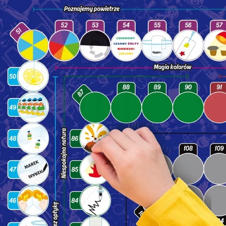 Plansza do gry Lisciani Mały Geniusz, fragment z numerami pól i instrukcjami do eksperymentów.