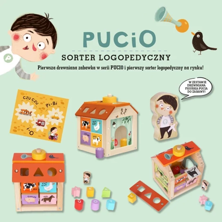 Opis zabawki edukacyjnej Pucio sorter logopedyczny Nasza Księgarnia z ilustracjami i informacjami o produkcie.