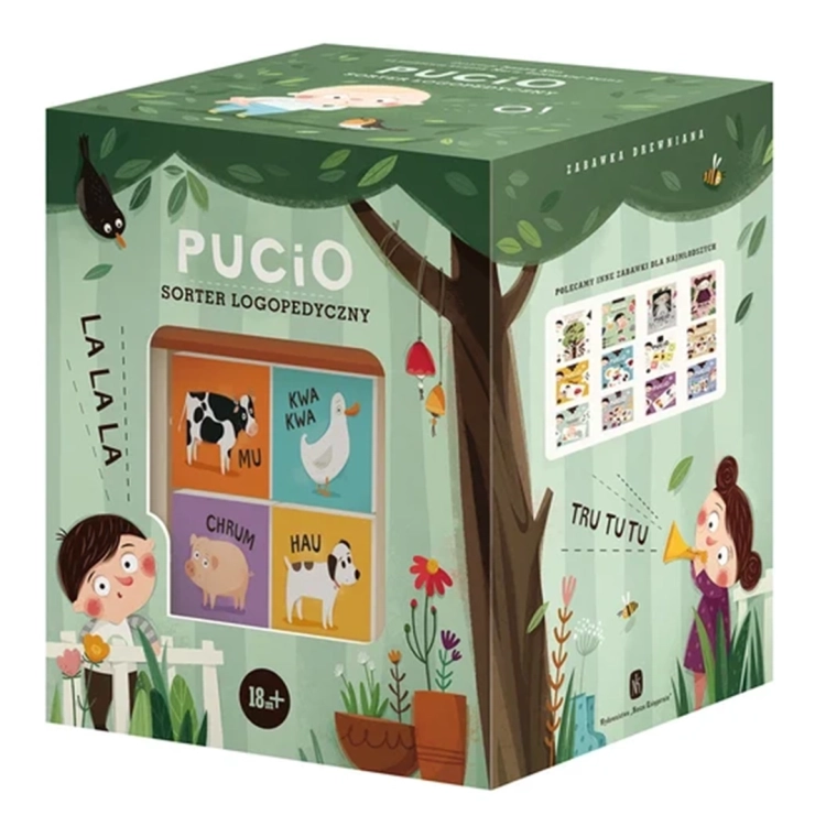 Zabawka edukacyjna Pucio sorter logopedyczny Nasza Księgarnia, drewniany domek i elementy do sortowania.