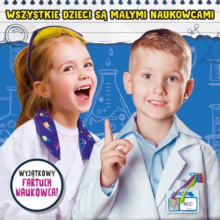 Zestaw edukacyjny Lisciani Mały Geniusz Jestem Małym Naukowcem, dwoje dzieci w fartuchach laboratoryjnych.