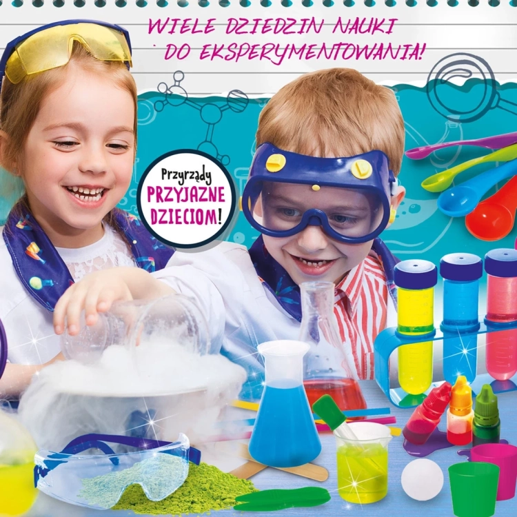 Dzieci przeprowadzają eksperymenty z zestawu Lisciani Jestem Małym Naukowcem, kolorowe przyrządy laboratoryjne.