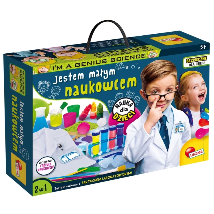 Pudełko zestawu edukacyjnego Lisciani Mały Geniusz Jestem Małym Naukowcem z dziećmi i elementami zestawu.