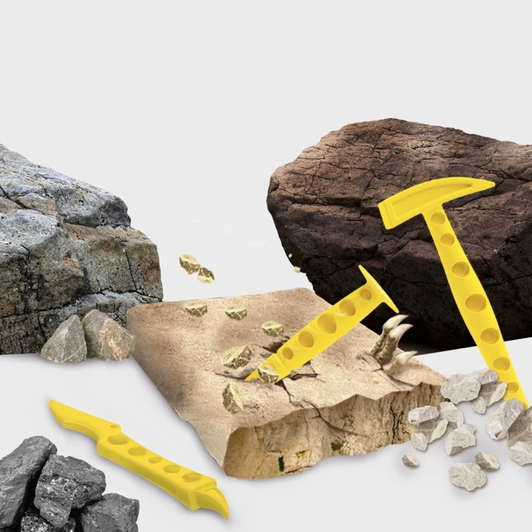 Ilustracja z zestawu edukacyjnego Lisciani Mały Geniusz Super Kit T-Rex, narzędzia do wykopalisk i fragmenty skał.