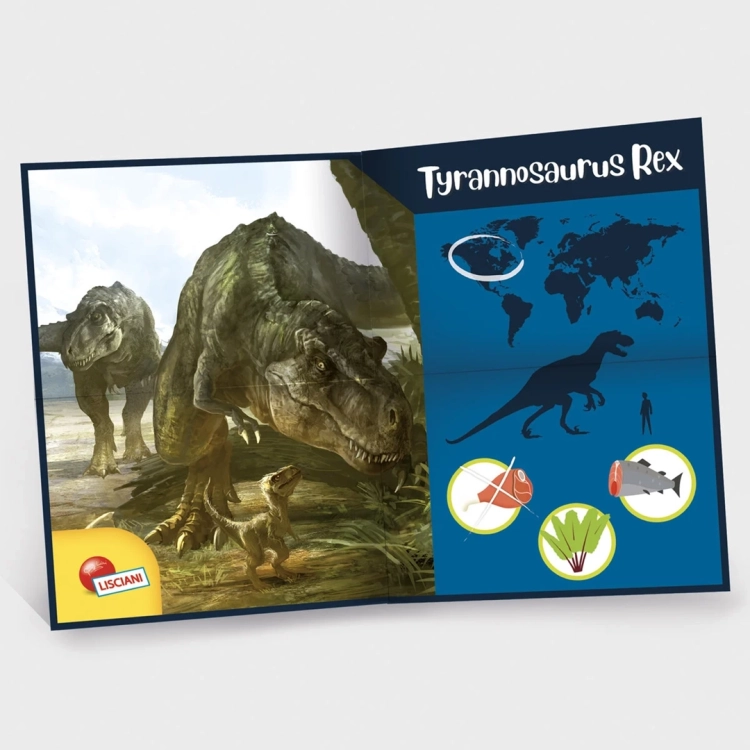 Karta informacyjna o Tyrannosaurus Rex z zestawu Lisciani Mały Geniusz Super Kit T-Rex, ilustracje i mapa występowania.