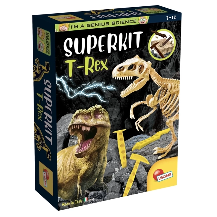 Pudełko zestawu edukacyjnego Lisciani Mały Geniusz Super Kit T-Rex z wizerunkiem dinozaura i szkieletu.