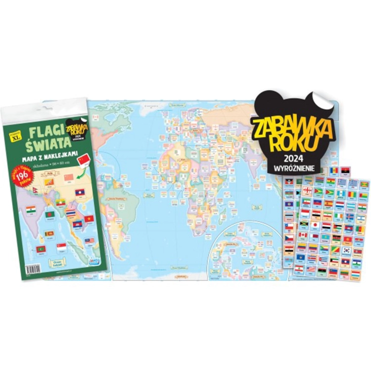 Mapa świata z częściowo naklejonymi flagami państw, produkt edukacyjny Wydawnictwa Jako.