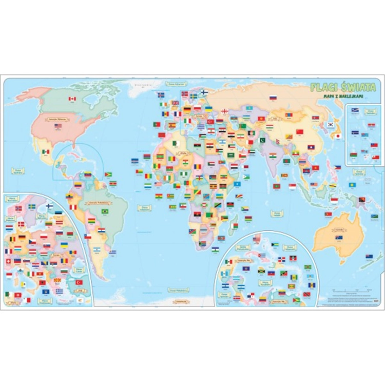 Mapa świata z naklejkami flag, produkt Wydawnictwa Jako, wyróżnienie Zabawka Roku 2024.