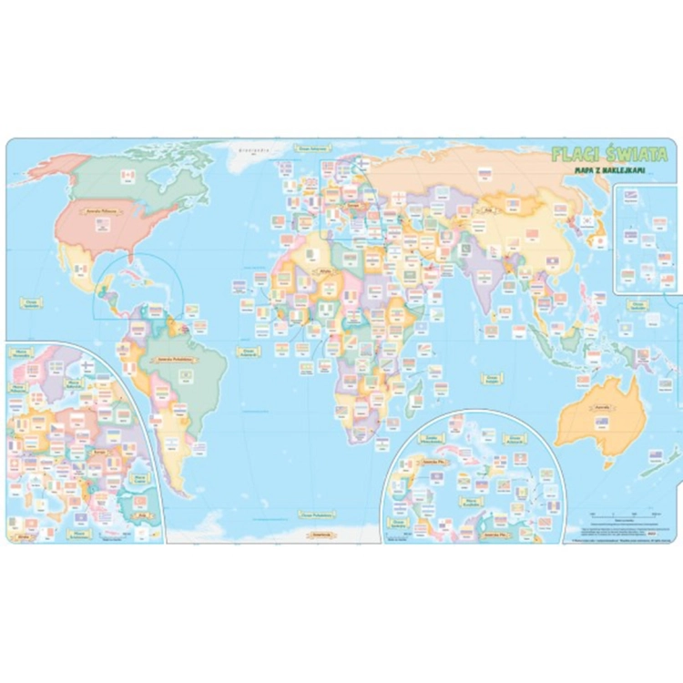 Duża mapa świata z zaznaczonymi miejscami na naklejki flag, Wydawnictwo Jako.