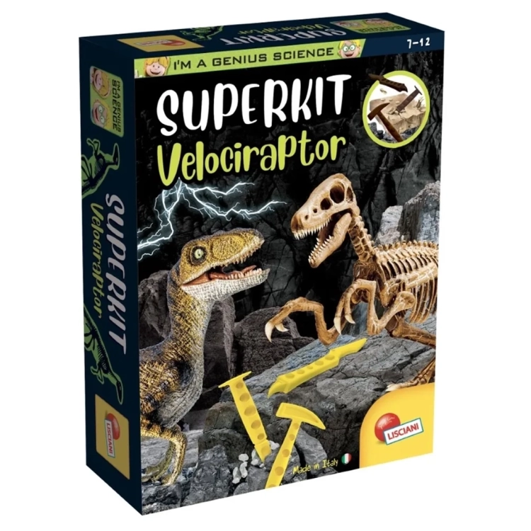 Opakowanie zestawu Mały Geniusz Super Kit Velociraptor od Lisciani – edukacyjna zabawa z dinozaurami.